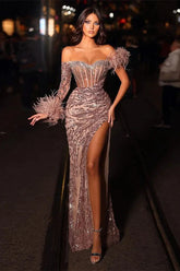 New Arrival Dusty Pink Mermaid Evening Dress Slit Long With Sequins Feather